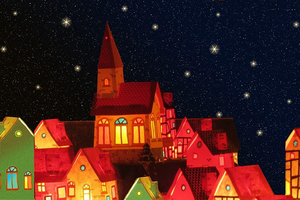 Cartoon einer weihnachtlichen Stadt bei Nacht, über der zahlreiche Sterne leuchten