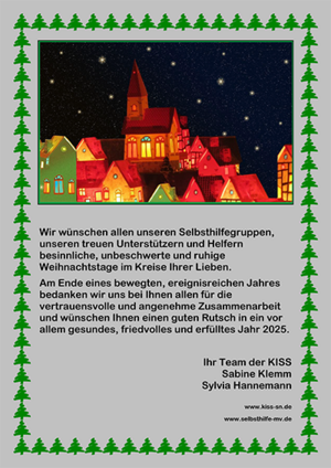 Zu sehen ist die Weihnachtspost der KISS Schwerin: Eine weihnachtliche Stadt bei Nacht, über der viele Sterne leuchten, sowie der Text des Schreibens. 