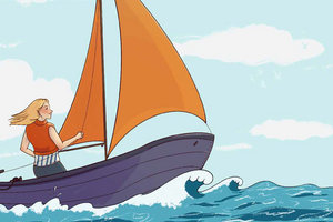 Zur Seite "Selbsthilfemagazin" gehen Selbsthilfemagazin "Hilf dir selbst" (März 2026): Selbstbestimmt. Das Detail des Titelblatts zeigt im Cartoon-Stil eine Frau, die in einem Segelboot auf das wellige Meer hinaussegelt