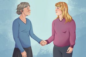 Detail des Titelblatts im Cartoonstil: Eine ältere grauhaarige und eine jüngere blonde Frau in Seitenansicht reichen sich die Hand. Sie lächeln dabei.